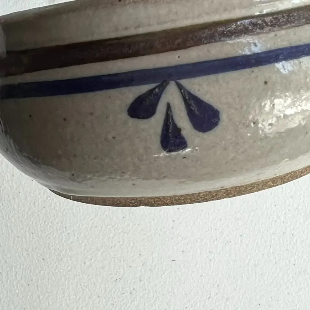 Studio Art Pottery Handmade Soup Bowl Handled Blue Striped Signed 5